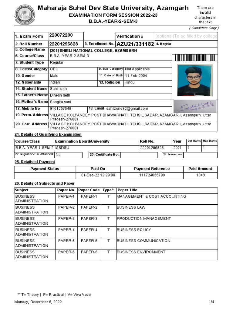 Examination Form Session 202223 B.B.A.YEAR2SEM3 220072200