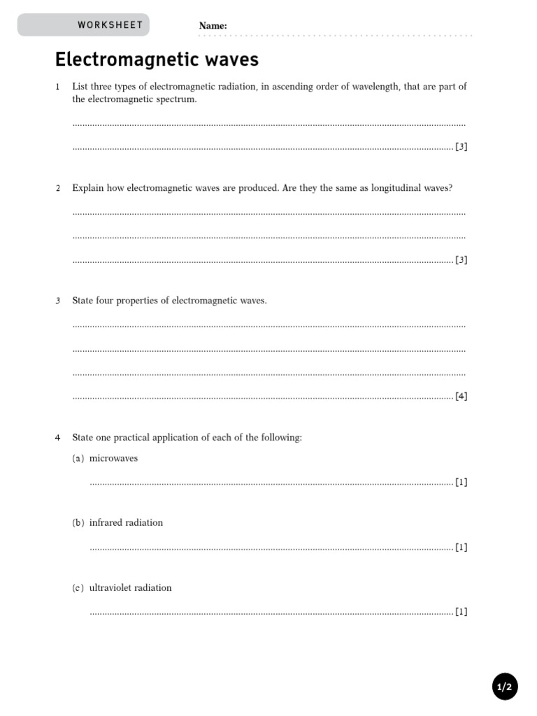 Electromagnetic Waves Worksheet PDF Electromagnetic Radiation