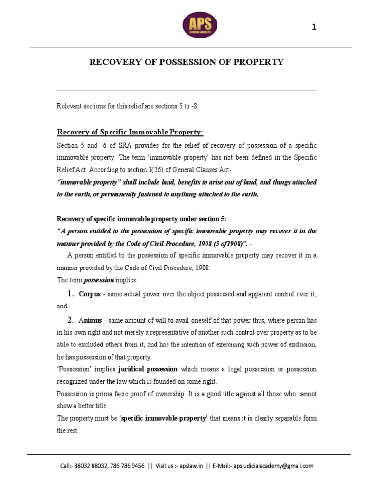 Suit For Recovery of Possession PDF Property Possession (Law)