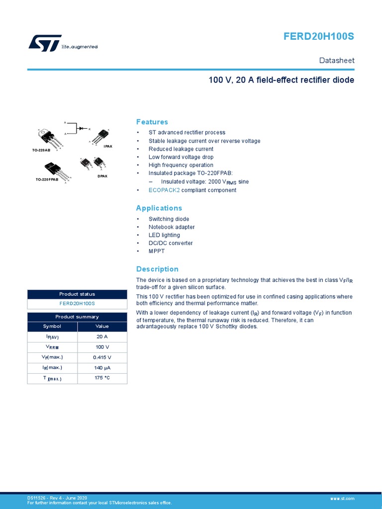 FERD20H100S Diode Datasheet | PDF | Rectifier | Diode