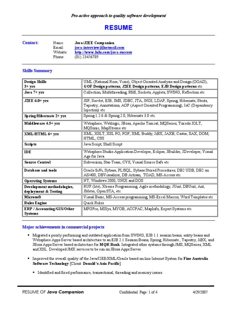 Java/J2EE Developer Resume Summary | PDF | Enterprise Java Beans | Java ...