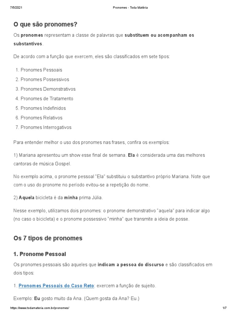 Tipos de Pronomes em Português | PDF | Pronome | Linguística