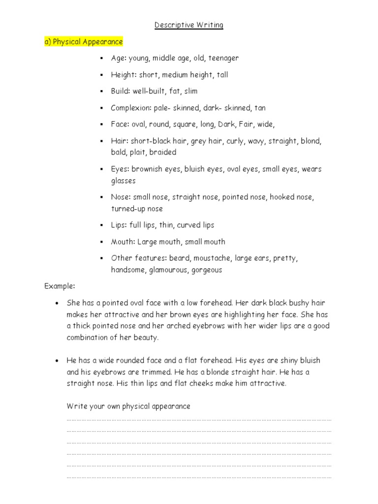 Physical Appearance Descriptions PDF Hair Face