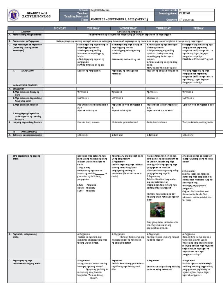 DLL - Filipino 5 - Q1 - W1 | PDF