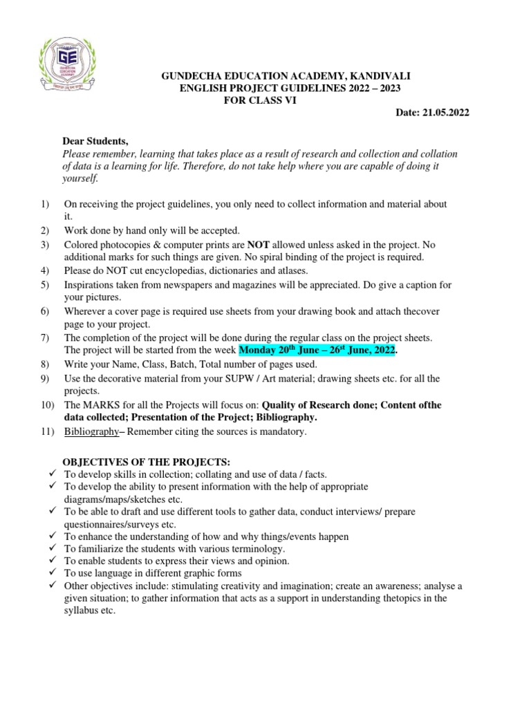 Class 6 English Language Project Guidelines - 2022-23 | PDF ...