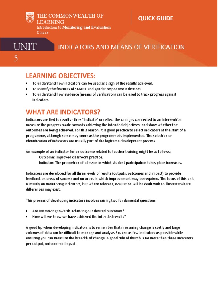 Unit 5 Quick Guide Indicators and Means of Verification PDF Quantitative Research