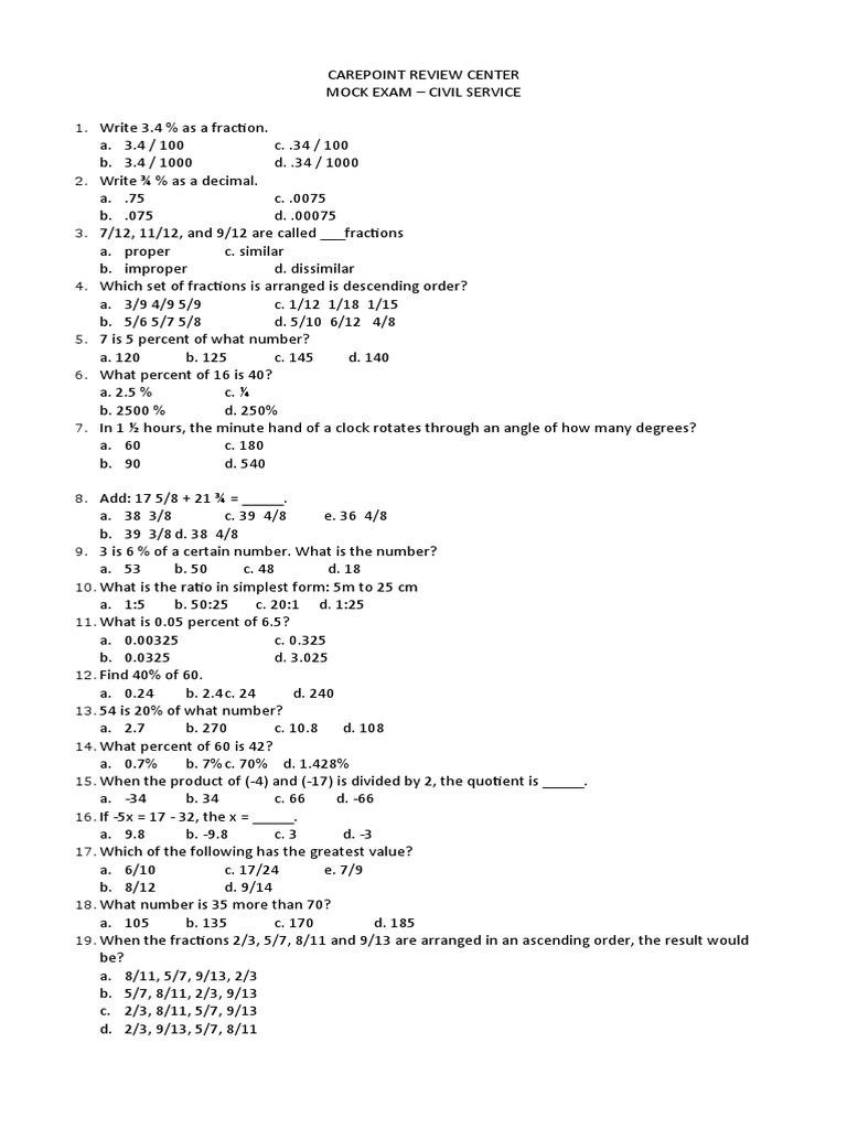 Mock Exam CS 60 Items Math NO ANSWERS | PDF