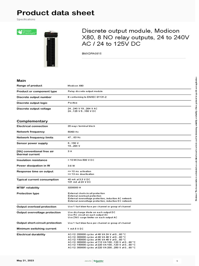 Modicon X80 Relay Output Module BMXDRA0815 | PDF | Programmable Logic ...