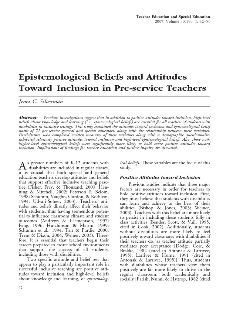Epistemological Beliefs and Attitudes Toward Inclusion in Pre-Service ...