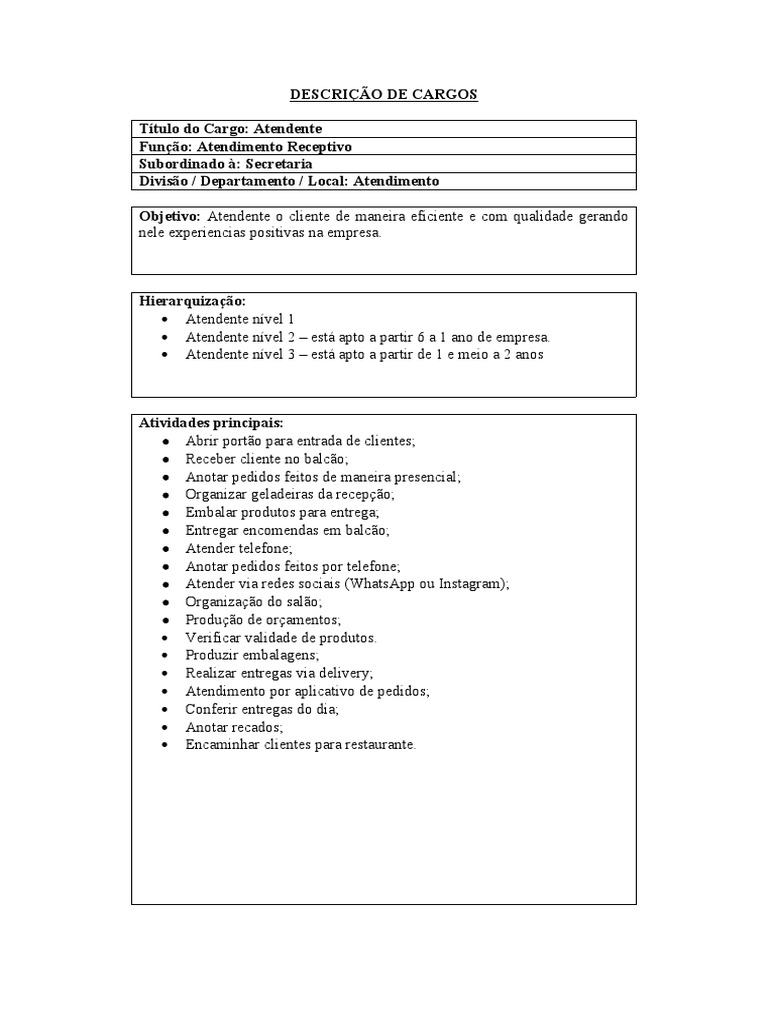 Descrição do Cargo de Atendente | PDF