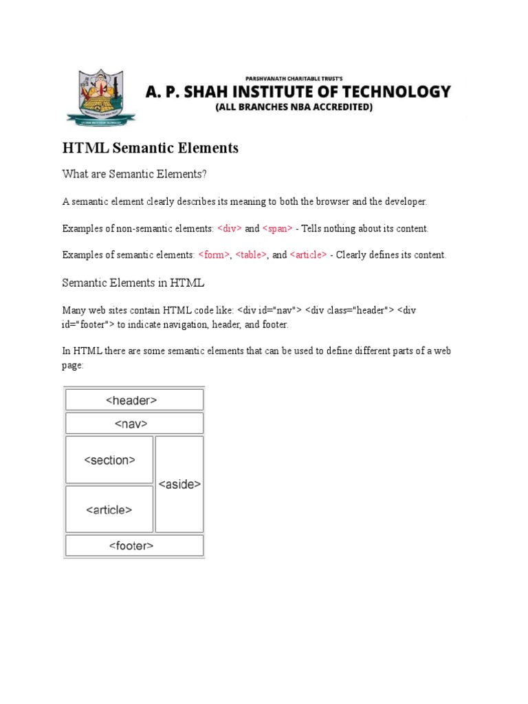 HTML5-HTML Semantic Elements | PDF image.