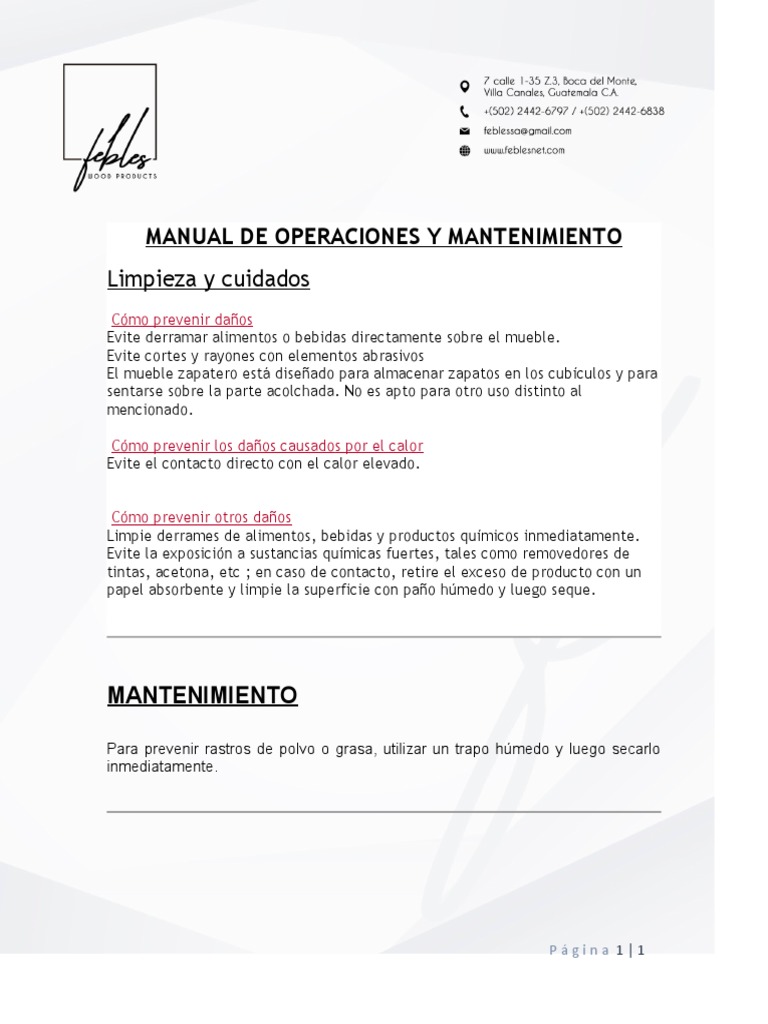 Manual de Operaciones y Mantenimiento Zapatera | PDF | Hogar ...