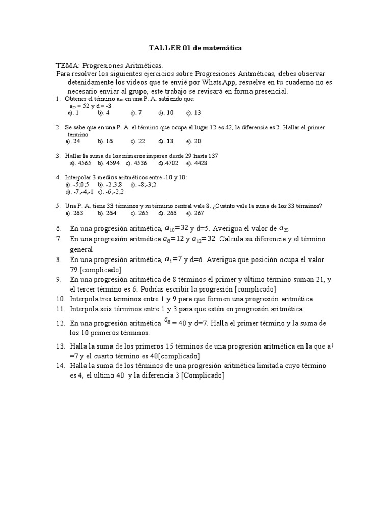 TALLER 01 de Matemática | PDF | Métodos y materiales de enseñanza ...