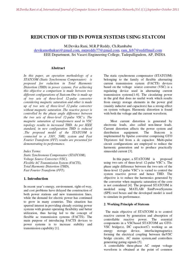 Reduction of THD in Power Systems Using STATCOM | PDF | Transformer ...
