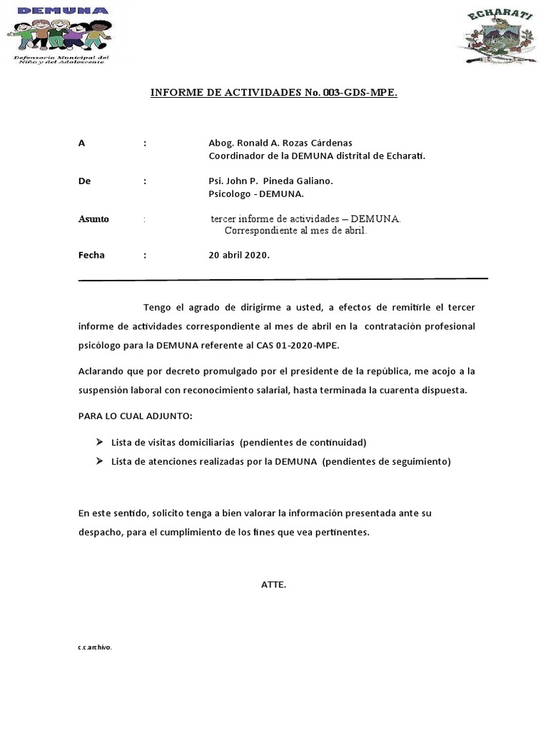 Informe de Actividades DEMUNA Abril 2020 | PDF | Sicología