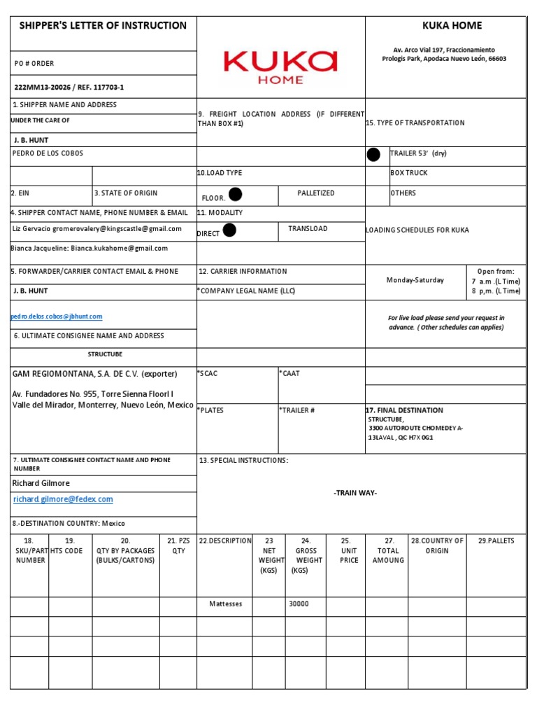 Kuka Home Shipper's Letter of Instruction | PDF