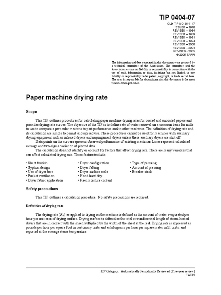 TAPPI 0404-07 - Paper Machine Drying Rate | PDF | Paper | Clothes Dryer