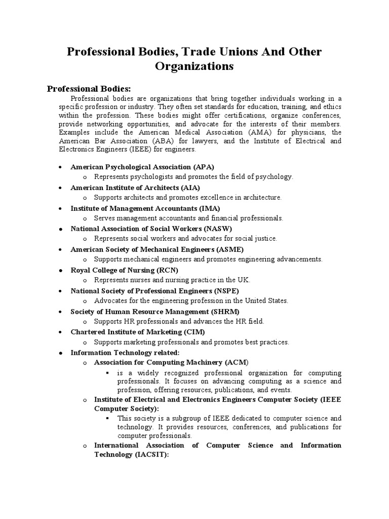 Professional Bodies, Trade Unoins and Other Organizaitons | PDF ...