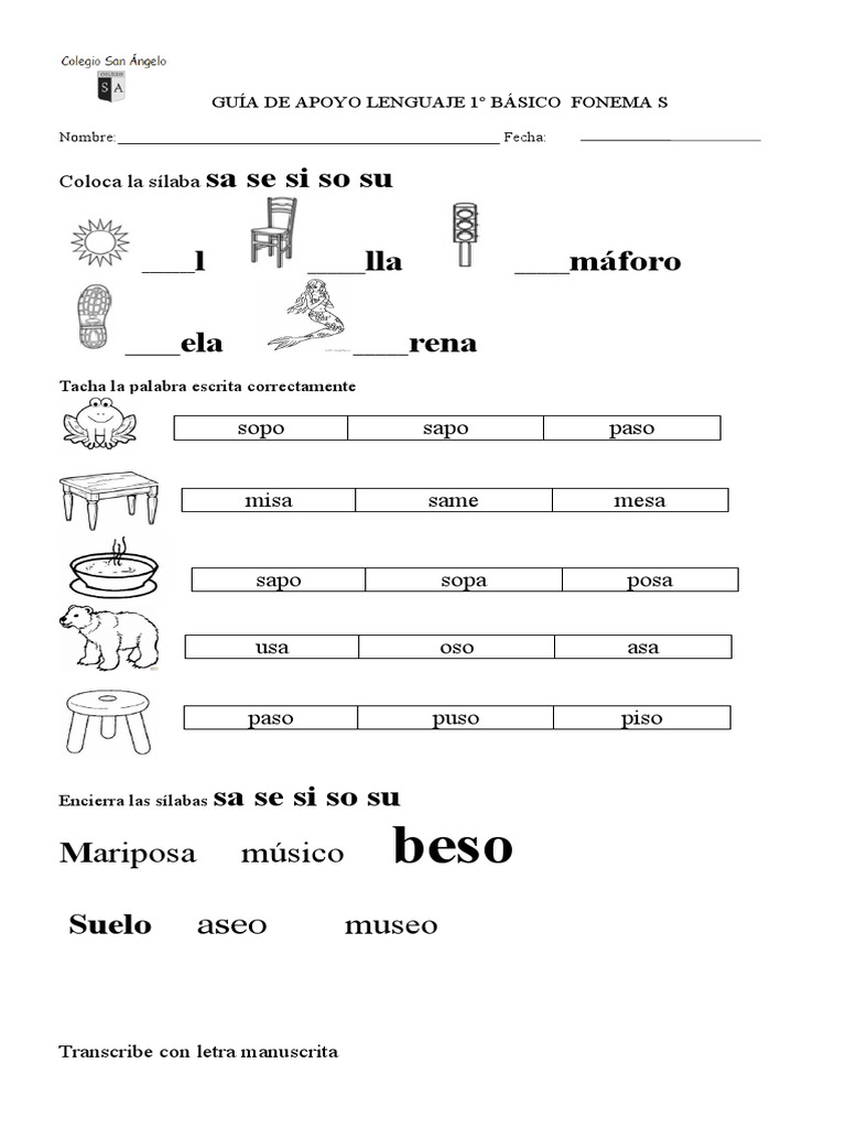 Actividades para el Fonema S en 1º Básico | PDF