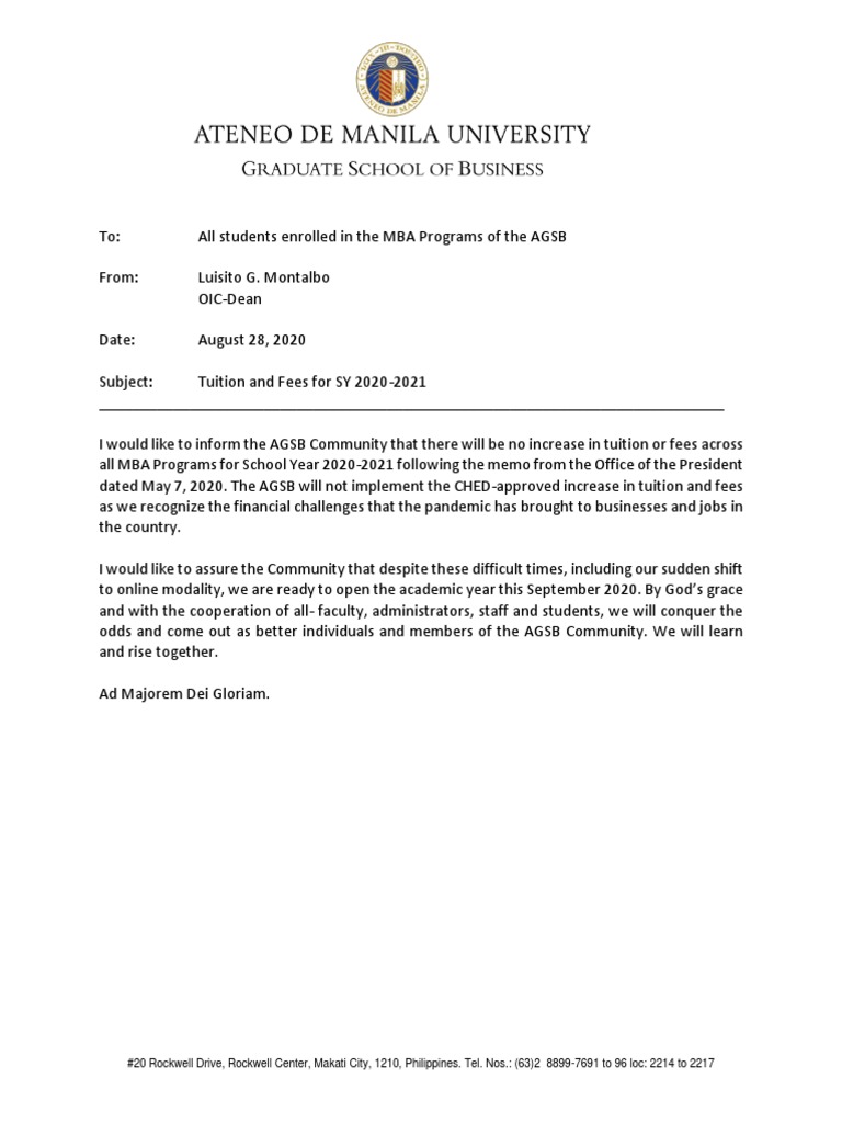 Ateneo MBA Tuition Fees 2020-2021 | PDF