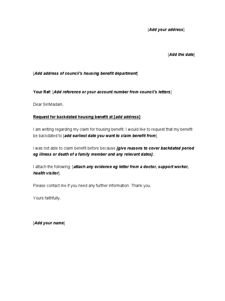 HB1 Request Payment of Backdated Housing Benefit Sample Letter | PDF ...