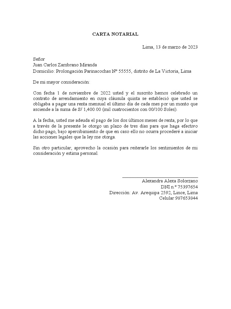 CARTA-NOTARIAL-CONSTITUCIÓN-EN-MORA | PDF