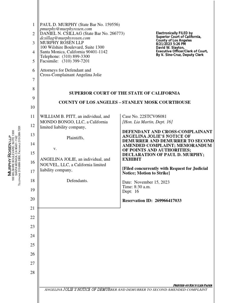 Angelina jolie s notice of demurrer and demurrer to second amended
