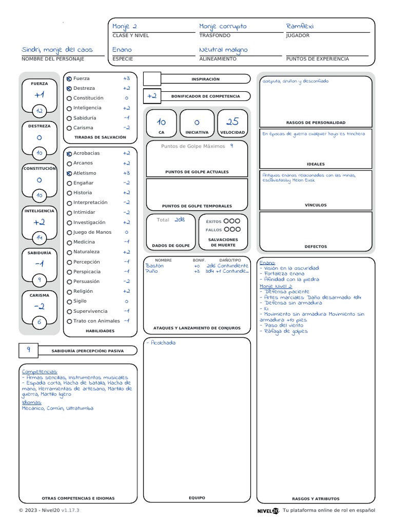 Personaje Monje D&D Ya Hecho PDF