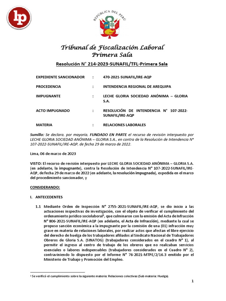 Resolucion 214 2023 Sunafil TFL Primera Sala LPDerecho | PDF | Derecho
