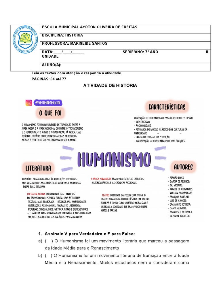 Atividade de História 7º Ano Renascimento e Humanismo | PDF ...