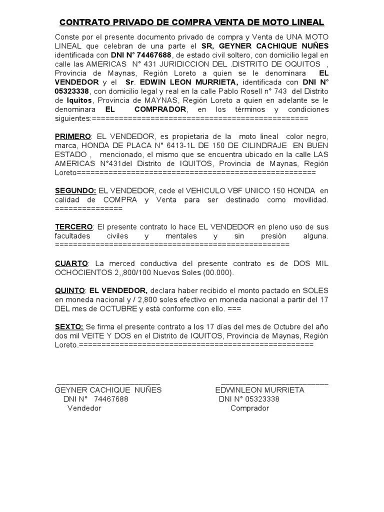 Contrato de Compra Venta de Moto Honda | PDF | Finanzas y dinero | Derecho