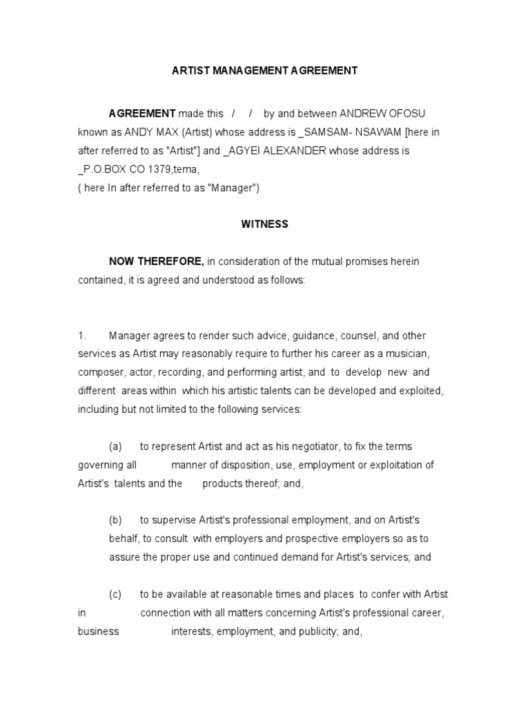Artist Management Microsoft Contract Word Template PDF