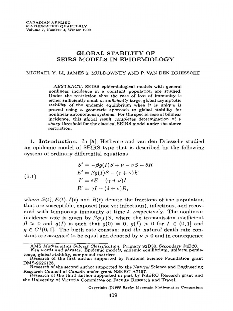 Global Stability For The SEIR Model in E | PDF