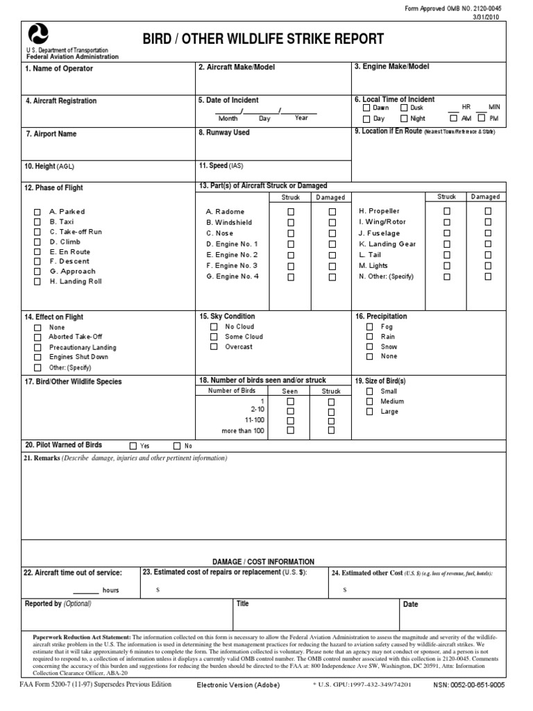 Faa5200-7 Bird Strike Report Usa | PDF | Airport | Takeoff