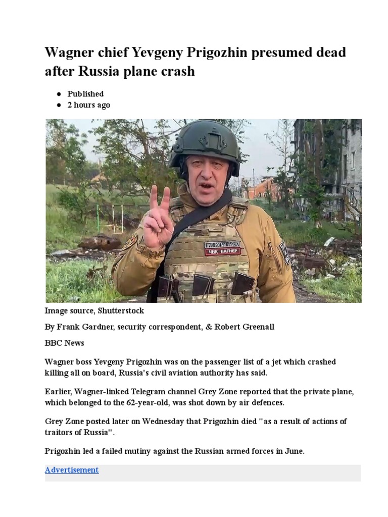 Wagner Chief Yevgeny Prigozhin Presumed Dead After Russia Plane Crash | PDF