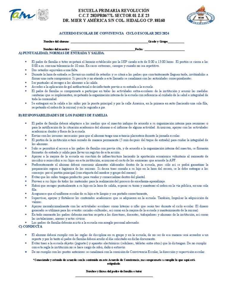 Acuerdo de Convivencia Escolar 2023 2024 | PDF
