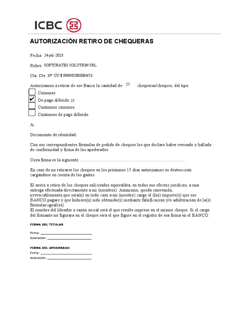 Autorización Retiro de Chequeras | PDF