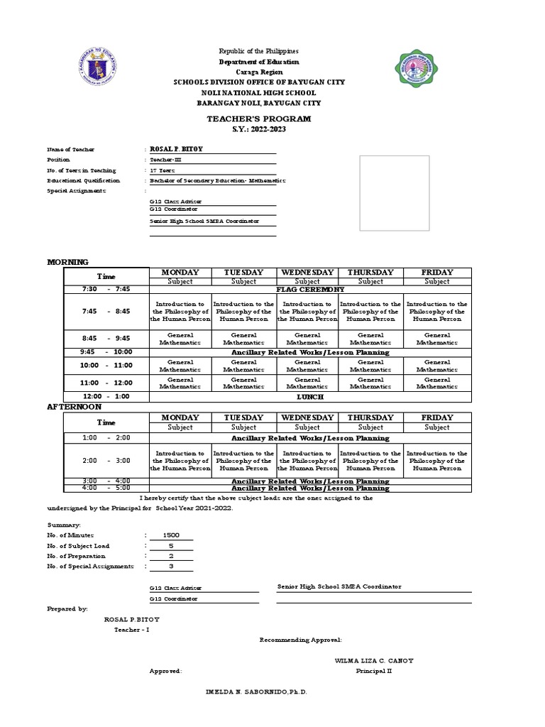 Teacher s class program pdf teachers