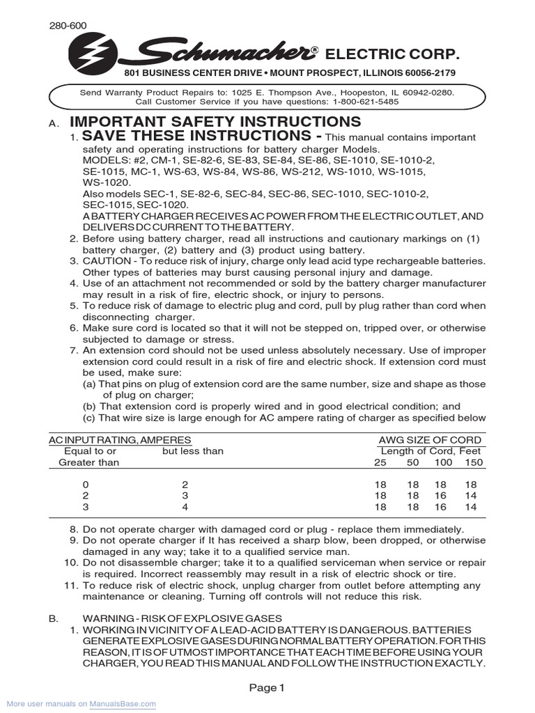 Manual Schumacher SE-82-6 | PDF | Battery Charger | Ac Power Plugs And