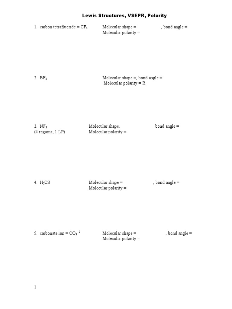 VSEPR Worksheet 1 PDF