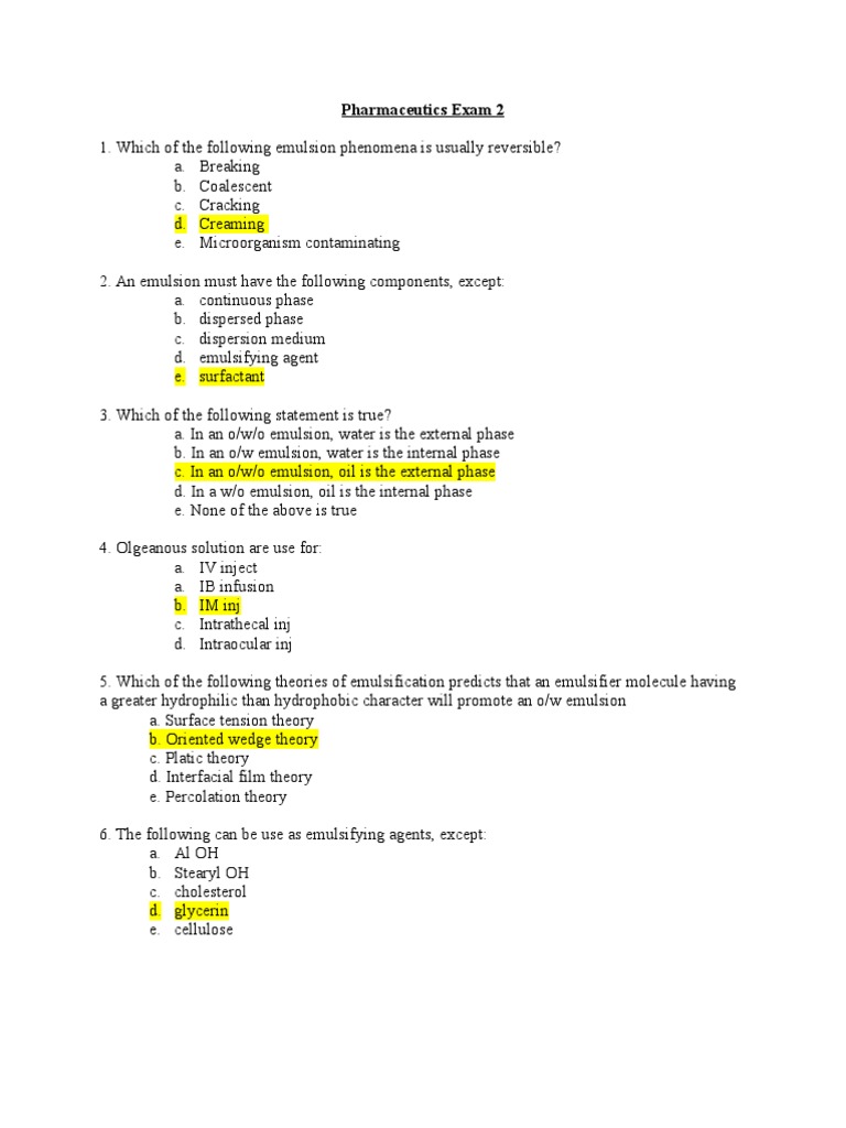 Pharmaceutics Exam 2 This Semester Emulsion Injection Medicine