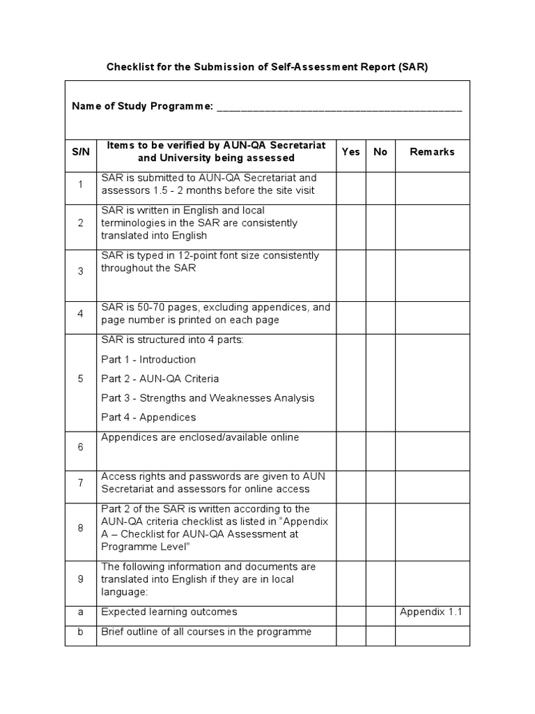Annex U04 - SAR Checklist | PDF | Rubric (Academic) | Evaluation