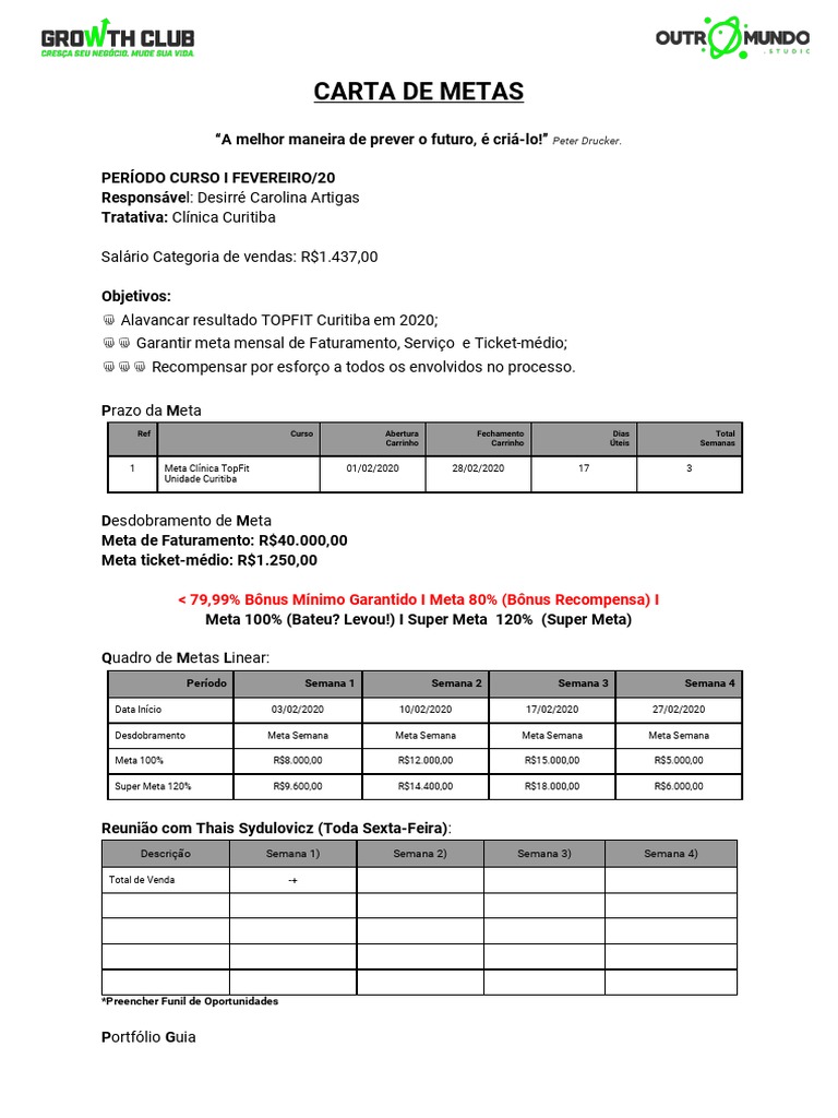 Metas de Vendas para Clínica TopFit 2020 | PDF