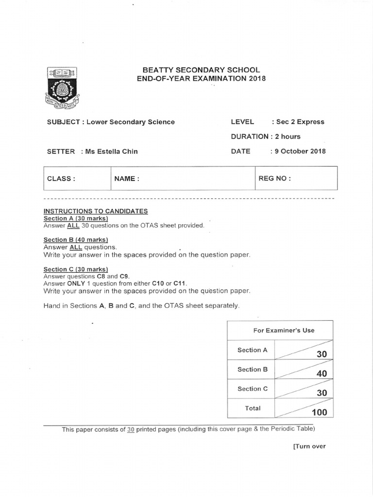 Sec 2 Science SA2 Beatty Sec 2018 | PDF