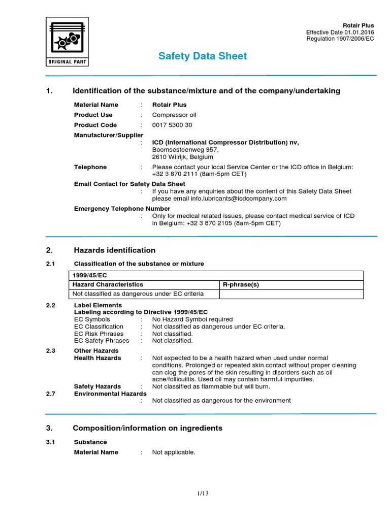 Rotair Plus Compressor Oil Safety Data | PDF