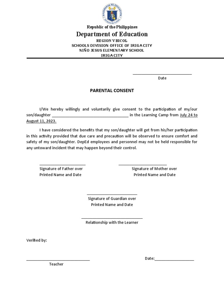 Parent Consent for Learning Camp | PDF | Wellness