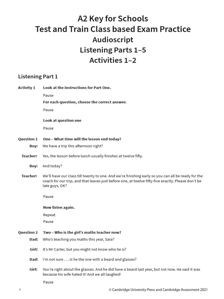 Test and Train Exam Practice A2 KFS Audioscripts | PDF