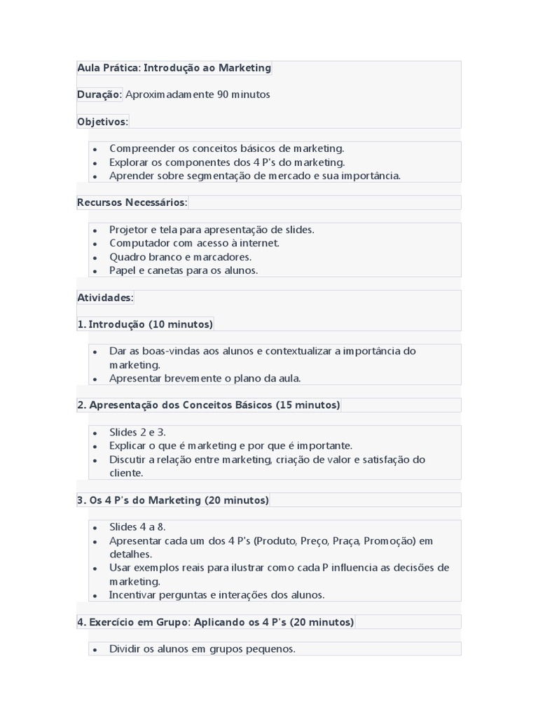 Plano de aula introdução ao marketing | PDF | Marketing | Segmentação ...