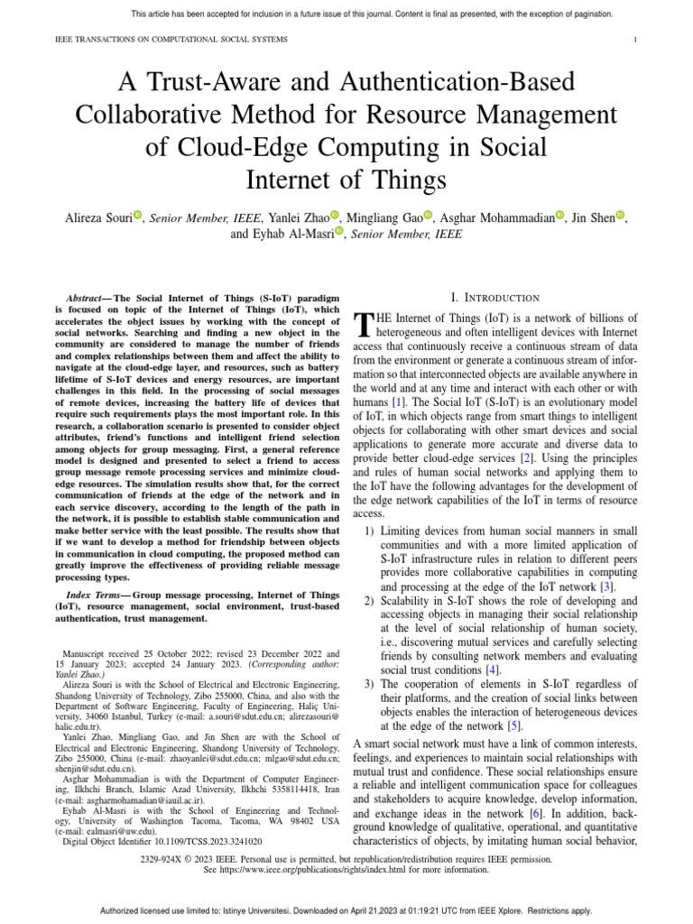 Trust Management in Social IoT Systems | PDF | Internet Of Things ...