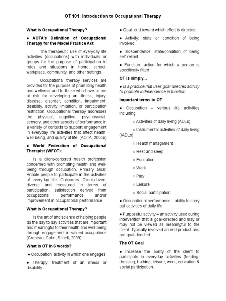 OT 101 Reviewer PDF Occupational Therapy Physical Therapy